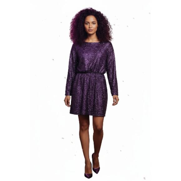 Sequins Strong Shoulder Mini Dress M Purple Holiday Party New Year Sparkle Shiny - Picture 2 of 16